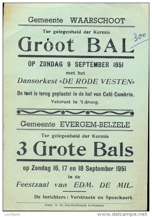 Kleine Affiche Groot Bal Waarschoot 1951 - Evergem Belsele - Posters