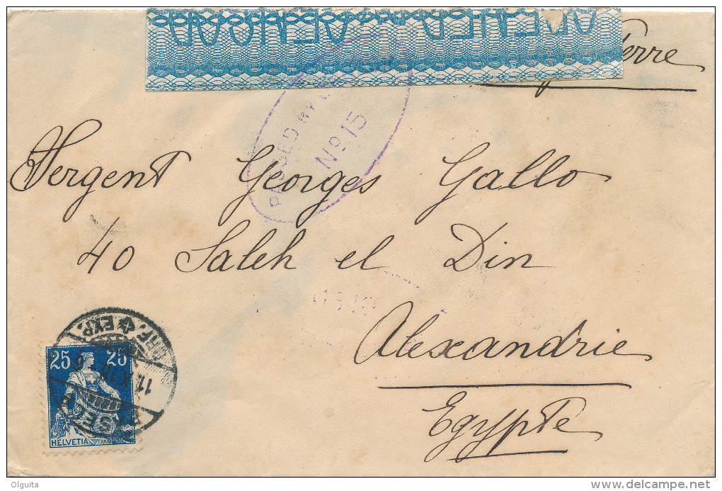 EGYPTE EGYPT WWI CENSORSHIP - Swiss Cover BASEL 1918 To ALEXANDRIA - Censor 15 Type 3  -- EB 019 - 1915-1921 Protectorat Britannique