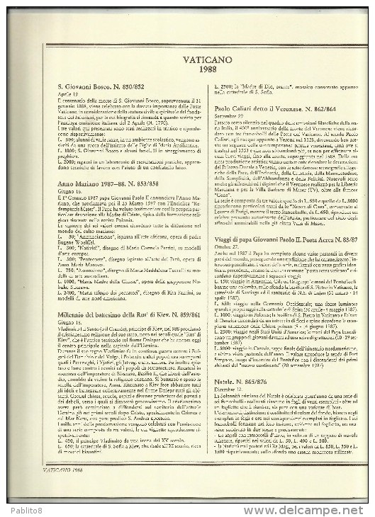 VATICANO VATIKAN VATICAN YEAR ANNATA NUOVA 1988 MNH COMPRESI I FOGLI MARINI - Volledige Jaargang