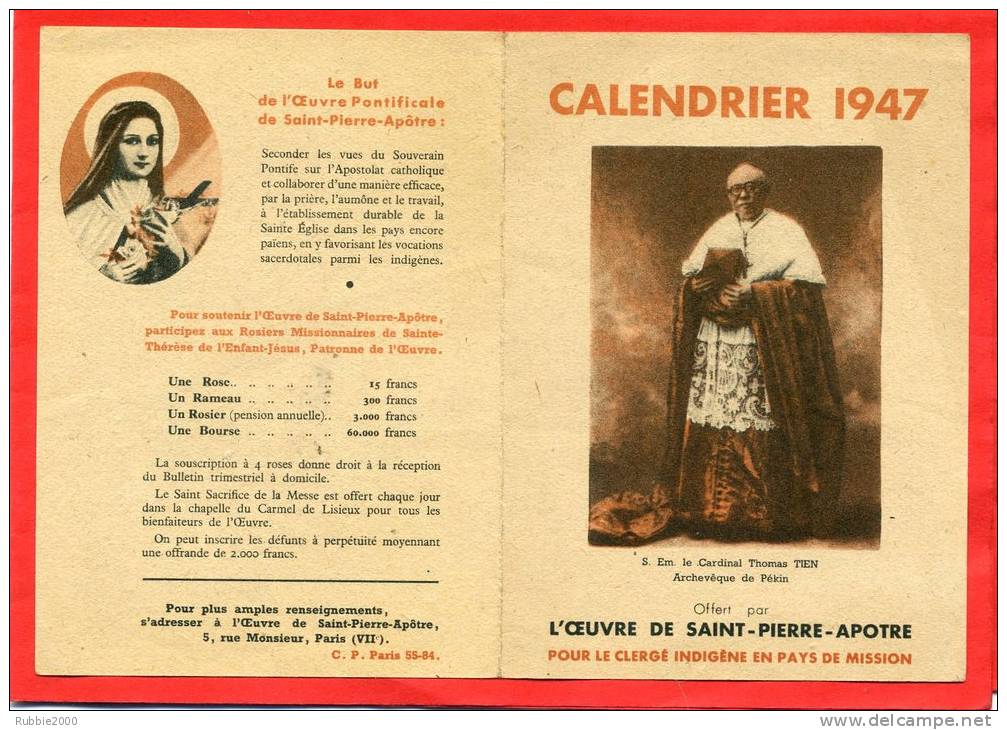 CALENDRIER 1947 L OEUVRE DE SAINT PIERRE APOTRE CARDINAL THOMAS TIEN ARCHEVEQUE DE PEKIN - Petit Format : 1941-60