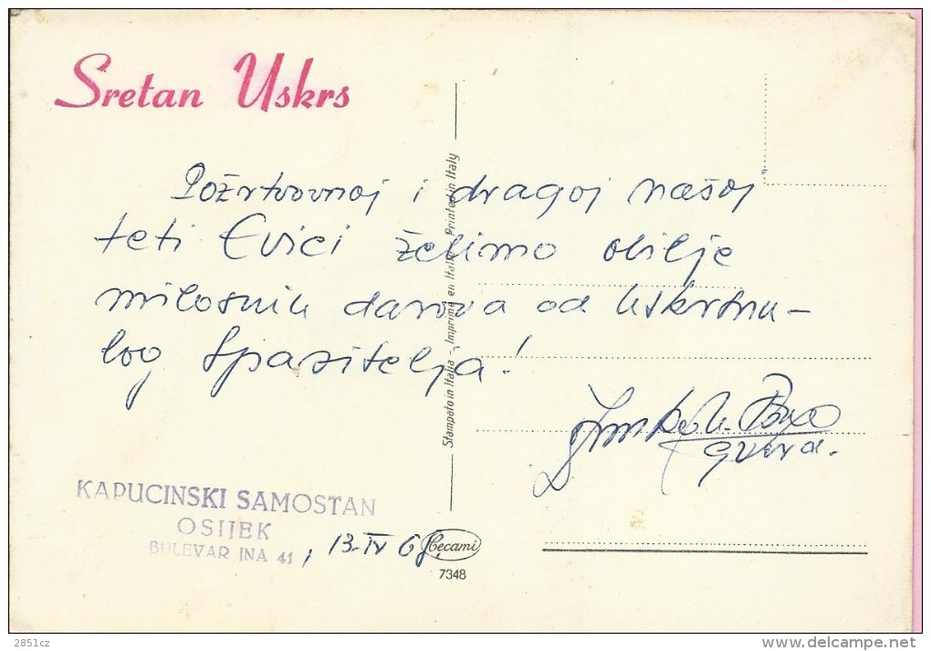 Postmark - Happy Easter / Capuchin Monastery, Osijek, 1968., Yugoslavia, Postcard - Otros & Sin Clasificación