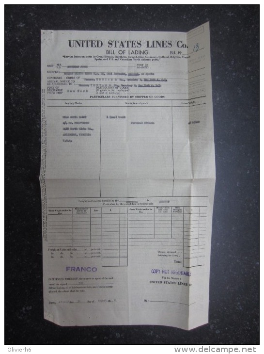 BILL OF LADING (M1506) UNITED STATES LINES Société Maritime Anversoise (2 Vues) 25, Quai Jordaens - Transports