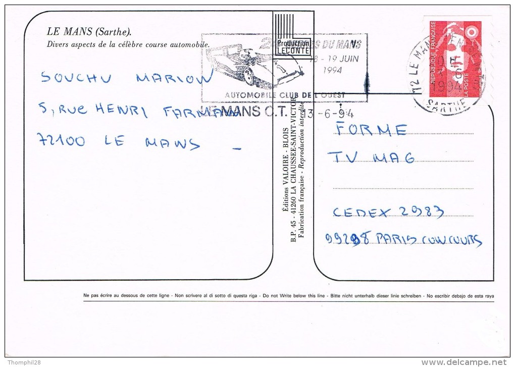 LE MANS (Sarthe) - Divers Aspects De La Célèbre Course Automobile, Multi-vues - Circulé 1994, 2 Scans - Le Mans