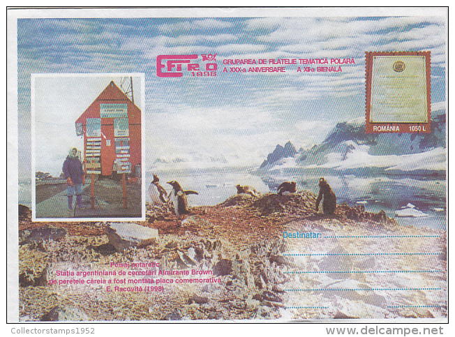 15646- ALMIRANTE BROWN ANTARCTIC STATION, PENGUINS, COVER STATIONERY, 1998, ROMANIA - Bases Antarctiques