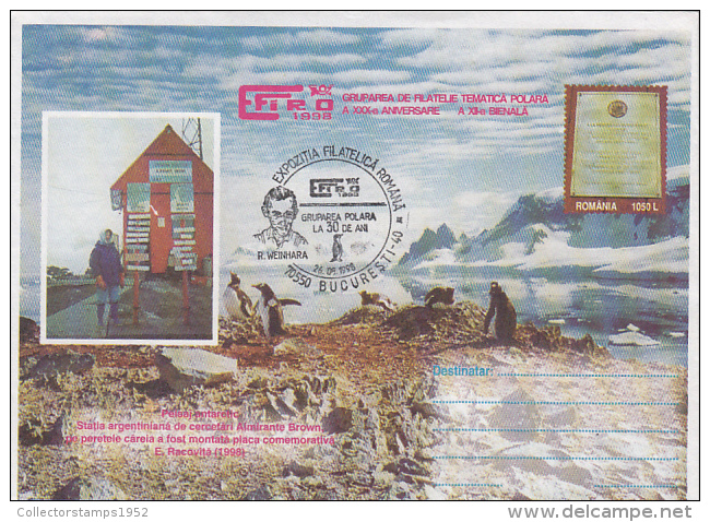15647- ALMIRANTE BROWN ANTARCTIC STATION, PENGUINS, COVER STATIONERY, 1998, ROMANIA - Bases Antarctiques