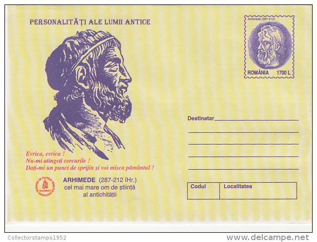 15663- ARCHIMEDES, ANCIENT SCIENTIST, COVER STATIONERY, 2000, ROMANIA - Autres & Non Classés