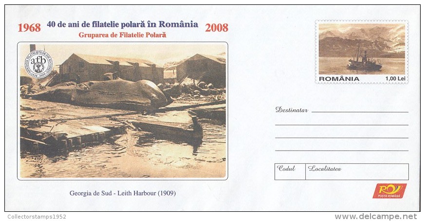 1437FM- WHALE HUNTING, LEITH HARBOUR, SHIPS, COVER STATIONERY, 2008, ROMANIA - Baleines