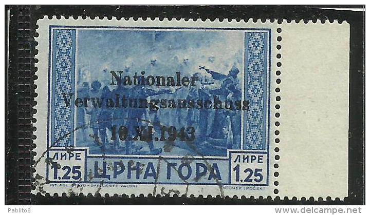 MONTENEGRO TEDESCA  CETTIGNE 1943 SERTO DELLA MONTAGNA SOPRASTAMPATO SURCHRGED 1,25 LIRE USATO USED OBLITERE' - Occ. Allemande: Montenegro