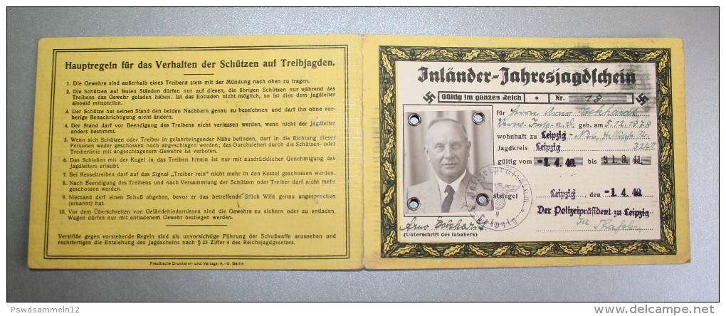 Jagdschein Inländer -1940 Leipzig, Gültig Für Das Gesamte Reich - Documentos Históricos