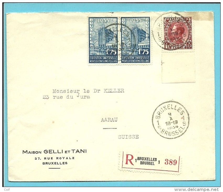 389+393 (surtaxe) Op Brief Aangetekend Met Stempel BRUXELLES - 1934-1935 Leopold III