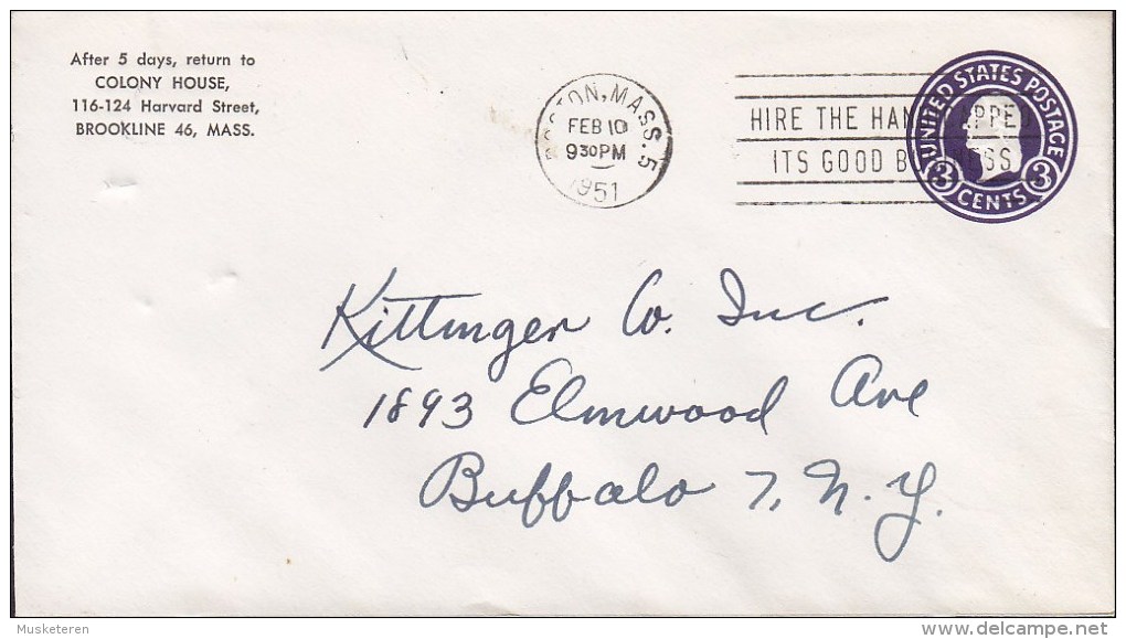 United States Postal Stationery Ganzsache Entier COLONY HOUSE (Hotel) BOSTON Mass. 1951 Cover Lettre - 1941-60