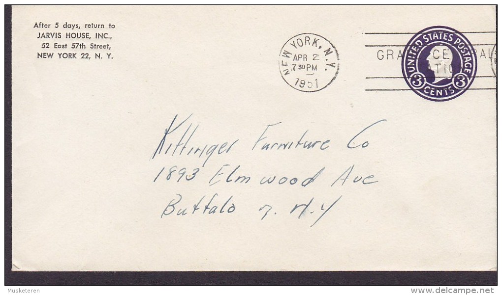 United States Postal Stationery Ganzsache Entier JARVIS HOUSE (Hotel) NEW YORK Grand Central Station 1951 Cover Lettre - 1941-60