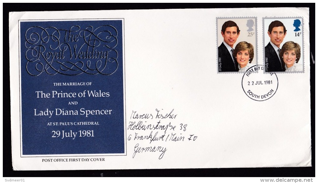 UK: Circulated FDC First Day Cover To Germany, 1981, 2 Stamps, Royal Wedding Prince Charles & Lady Diana (minor Creases) - Brieven En Documenten