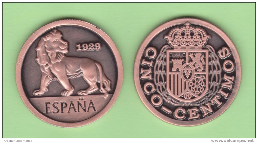 ESPAÑA  Alfonso XIII 5 Céntimos  1.929 (tipo 1) Cy 17584  Copy  Cobre  SC/UNC  T-DL-11.268 Es. - Test- Und Nachprägungen