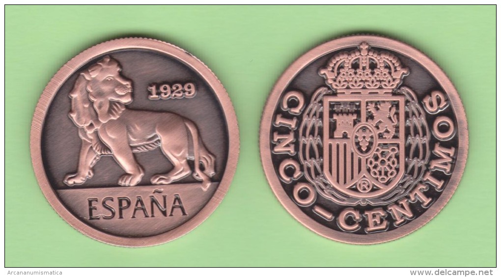 SPAGNA / ESPAÑA  Alfonso XIII 5 Céntimos  1.929 (tipo 1) Cy 17584 Copy  Cobre  SC/UNC  T-DL-11.268 Ita. - Essays & New Minting