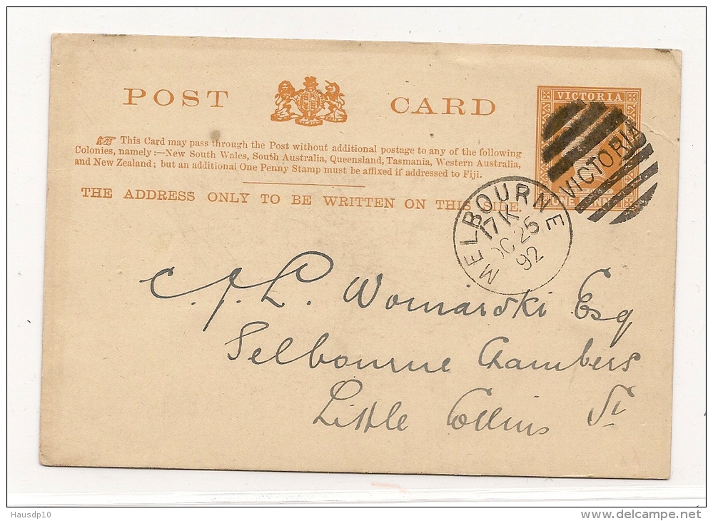 Post Card One Penny Victoria GA + Zudruck Balaclava Social Club  Melbourne 25.10.1892 (4823) - Covers & Documents