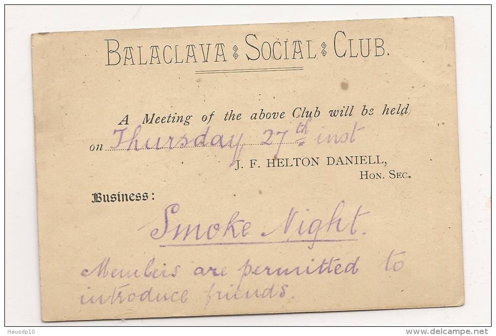 Post Card One Penny Victoria GA + Zudruck Balaclava Social Club  Melbourne 25.10.1892 (4823) - Covers & Documents