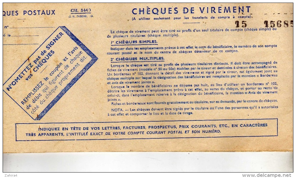 Chèques Postaux  - Chèques De Virement  - Souches Et 1 Chèque Annulé  - Valence D'Agen (T. Et G.)  - Toulouse C/C - Chèques & Chèques De Voyage