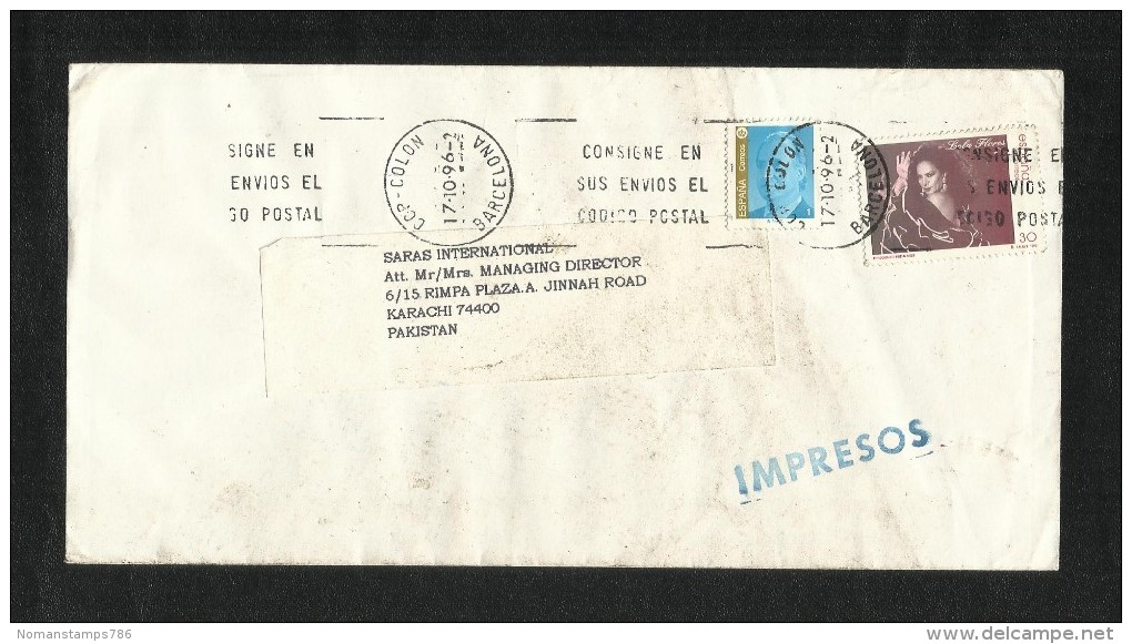 Spain Air Mail Postal Used Cover Spain To Pakistan Lola Flores - Autres & Non Classés