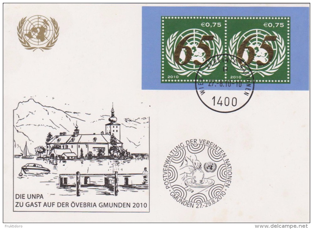 United Nations Show Card 2010 'Gmunden' - August 2010 - UN 65th Anniversary - Coat Of Arms - Mi Block 28 - Lettres & Documents