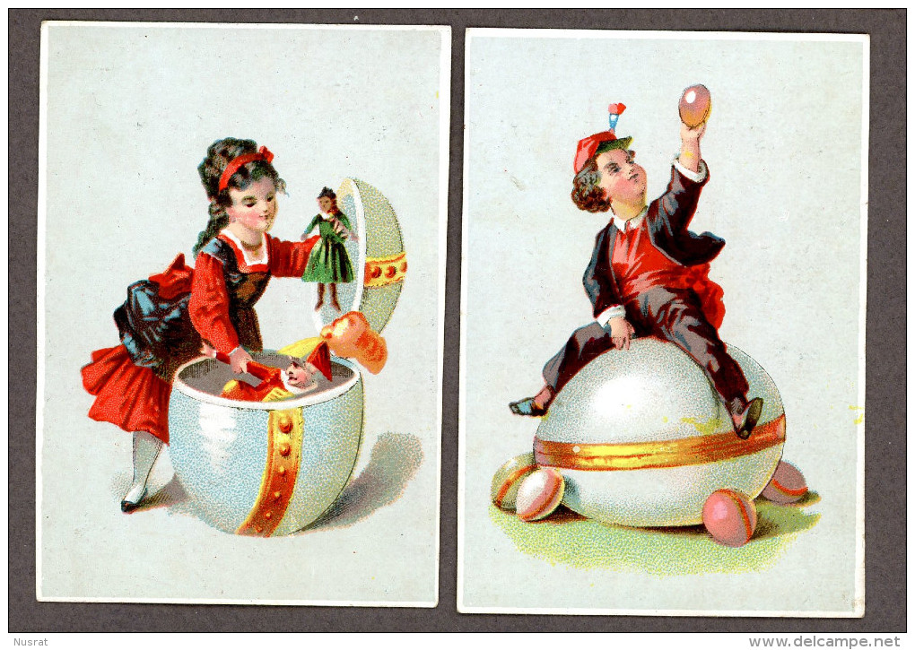 Chocolat Lasnier, Lot De 2 Jolies Chromos Lith. Laas, Jeunes Enfants Avec Oeufs De Pâques, Pantins, Easter Eggs - Other & Unclassified