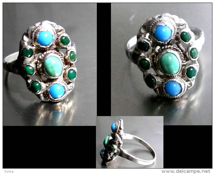 Bague De L´empire Austro -hongrois Taille 55 / Old Turquese, Glass And Silver Imperial Ring - Anillos