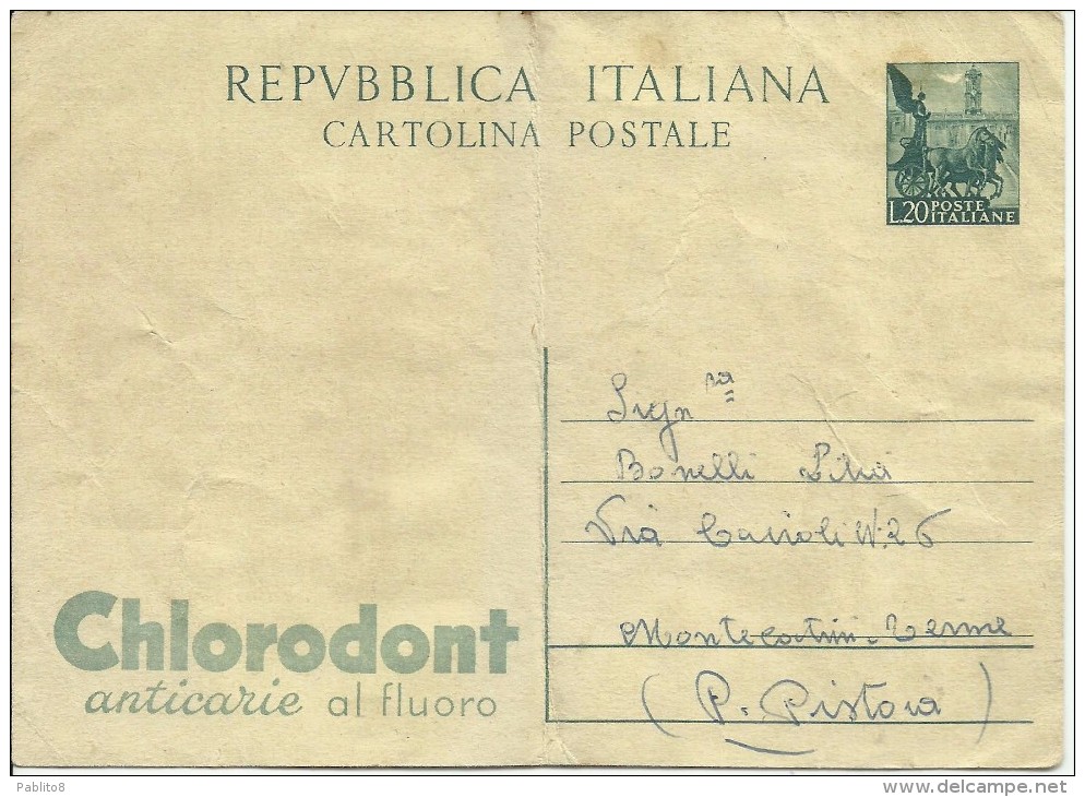 ITALIA REPUBBLICA CARTOLINA POSTALE INTERO ITALY REPUBLIC POSTCARD 1951 CHLORODONT LIRE 20 NUOVA UNUSED - Postwaardestukken