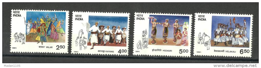 INDIA, 1991, Tribal Dances Of India, Set 4 V, Valar, Kayang, Hozagiri, Velakali ,   MNH, (**) - Neufs