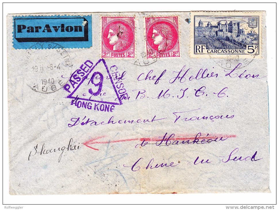 China Luftpost Brief Aus Frankreich  Nach Hankou Weitergeleitet Nach Shanghai Hong-Kong Zensur Transit Und AK Stempeln - 1912-1949 República