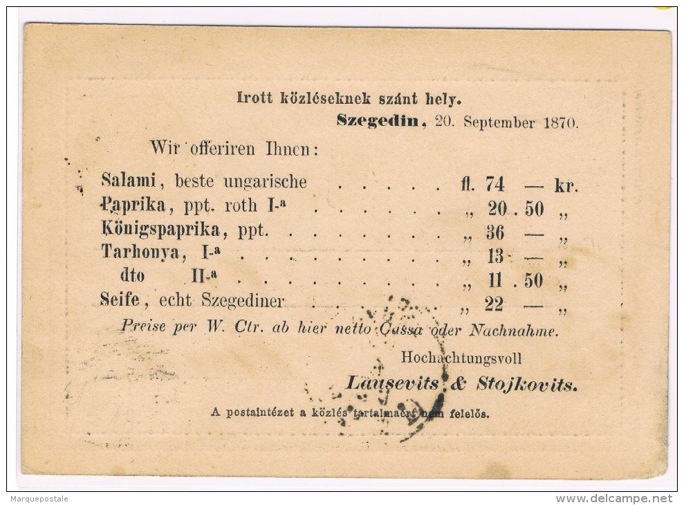 1/1. Thème :  Epices/Paprika Et Salami. Entier Autricien François-Joseph. Repiqué. Szeged Hongrie 20.9.1870. - Alimentation