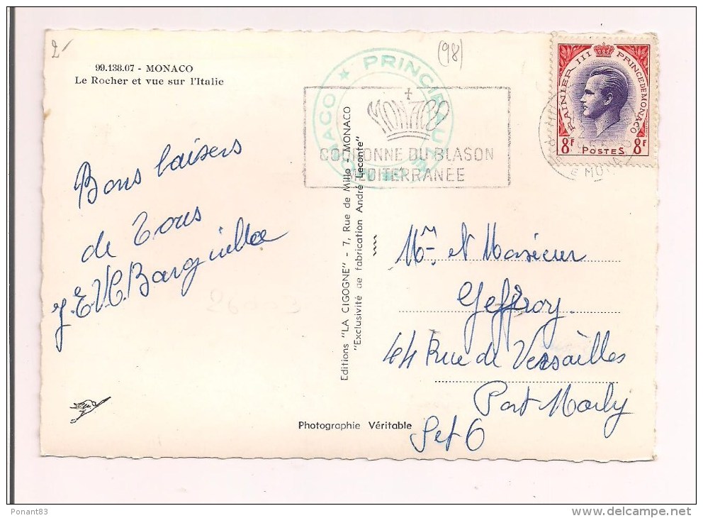 -- MONACO:  Le Rocher Et Vue Sur L'Italie - Pin - Cpsm - 1955 - Timbre 8F Rainier - - La Condamine