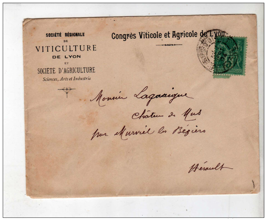 Enveloppe - CAD Le Bois D´Oingt 69 + Murviel - Sage 5c Vert - Société Viticole De Lyon /Lagarrigue - 1894 - 1877-1920: Période Semi Moderne