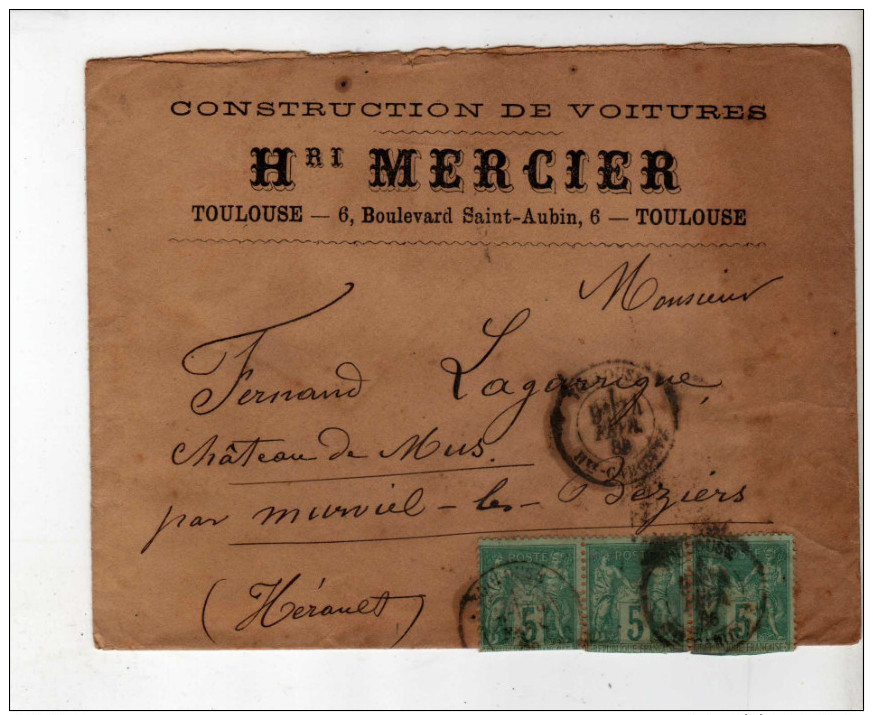 Enveloppe - CAD Toulouse + Béziers + Murviel - Sage 5c Vert - Mercier Constrcution De Voitures/Lagarrigue - 1886 - 1877-1920: Période Semi Moderne