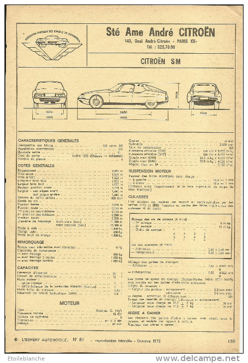 Voiture SM Citroen (Paris 15e) - Fiche Technique L'expert Automobile 1972 - 3 Volets - Matériel Et Accessoires