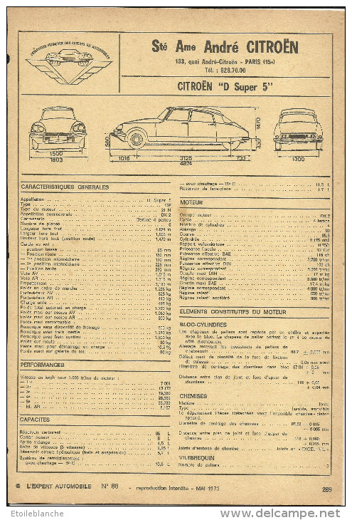 Voiture DS Citroen (Paris 15e) - Fiche Technique L'expert Automobile 1973 - 3 Volets - Materiale E Accessori