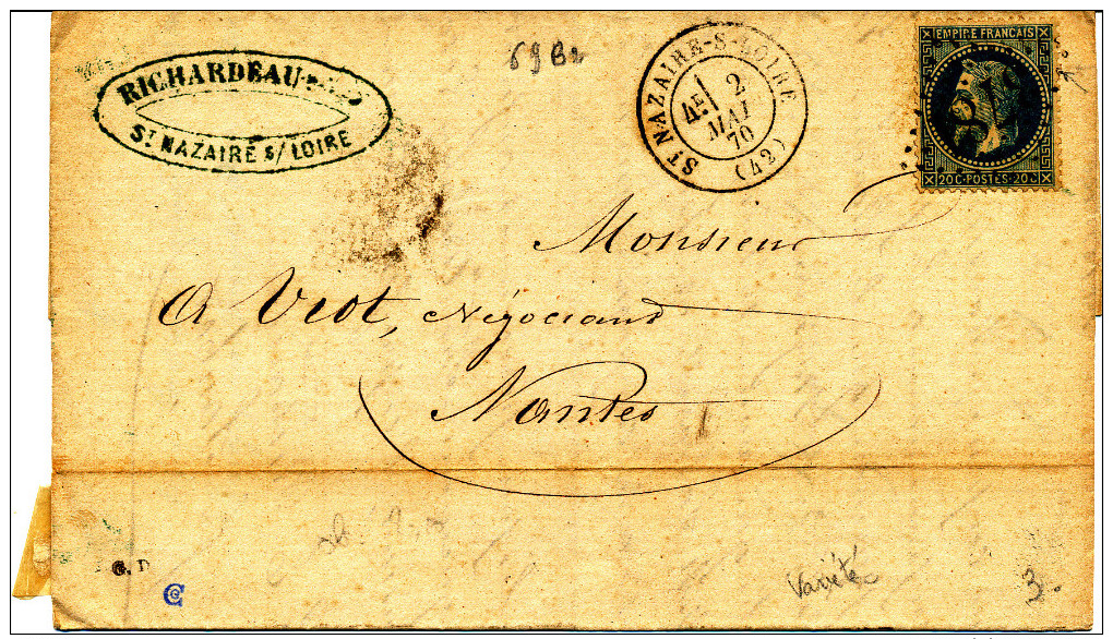 France 1870 (n°29 T.2 S/lettre  GC  3781  S.t.NAZAIRE S/Loire ) - 1863-1870 Napoleon III With Laurels