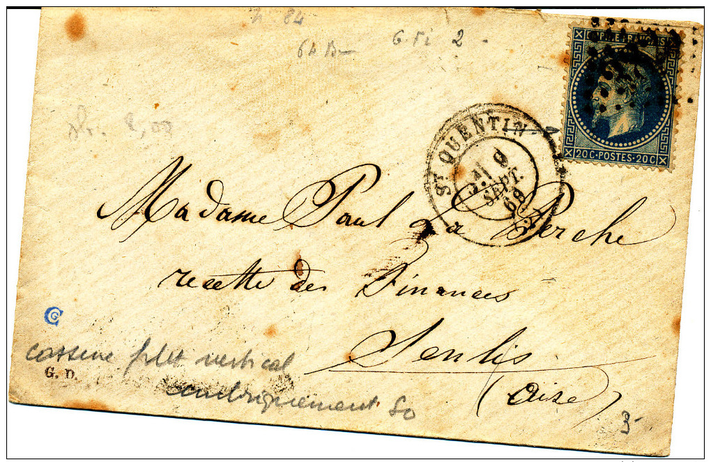 France 1869  ( N°29 T.2 S/lettre  - GC  3827  StQUENTIN + Variété ) - 1863-1870 Napoléon III. Laure