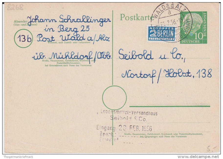Bund Heuss Gzs P 26 PSt I Stempel Wald An Der Alz ü Mühldorf 1956 - Postcards - Used
