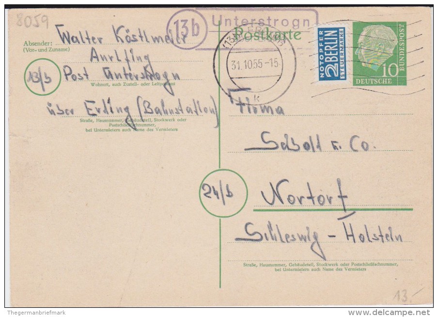 Bund Heuss Gzs P 26 Landpost Stempel Unterstrogn ü Erding 1955 - Postcards - Used