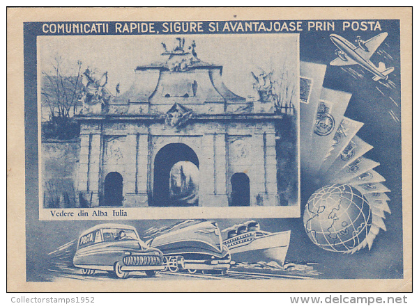 15907- ALBA IULIA FORTRESS GATE, SHIP, PLANE, TRAIN, CAR, POSTCARD STATIONERY, 1967, ROMANIA - Interi Postali