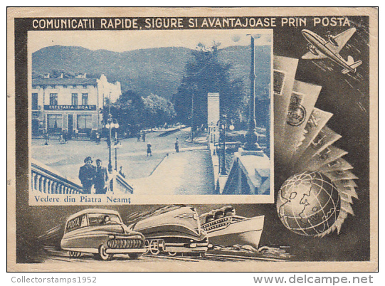 15908- PIATRA NEAMT STREET VIEW, SHIP, PLANE, TRAIN, CAR, POSTCARD STATIONERY, 1967, ROMANIA - Interi Postali