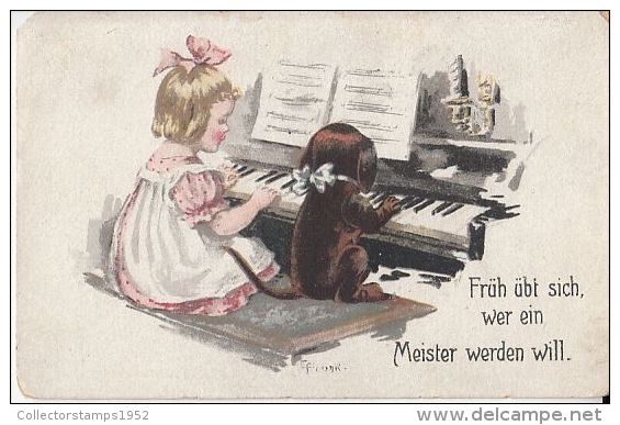 15967- ELLY FRANK ILLUSTRATION, GIRL AND DOG AT PIANO LESSON - Frank, Elly