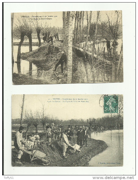 2 CPA:HOMMES RÉPARANT LA DIGUE DE FOICY,ENFANTS SUR LA DIGUE ROMPUE AUX INONDATIONS 1910 A TROYES (dép 10). - Troyes