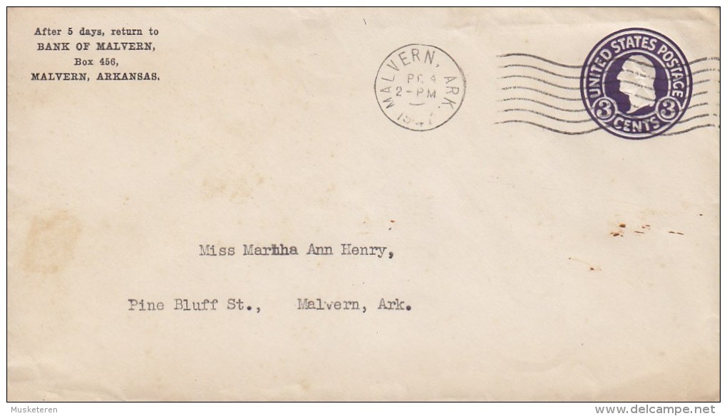 United States Postal Stationery Ganzsache Entier Private Print BANK OF MALVERN, MALVERN Ark. 1947 Cover Lettre - 1941-60