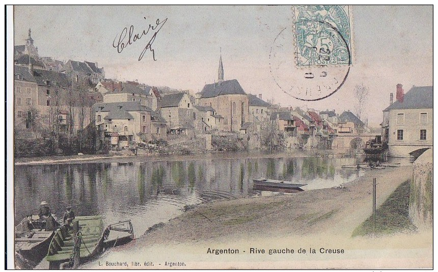 36 ARGENTON  Belle CPA Colorisée Maisons BARQUES Sur La Rive Gauche De La CREUSE  Timbré 1905 - Autres & Non Classés