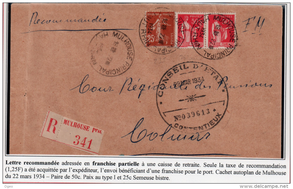 Lettre Recommandée En Franchise Partielle Avec Paix (283) Et Semeuse (235) - 1921-1960: Période Moderne