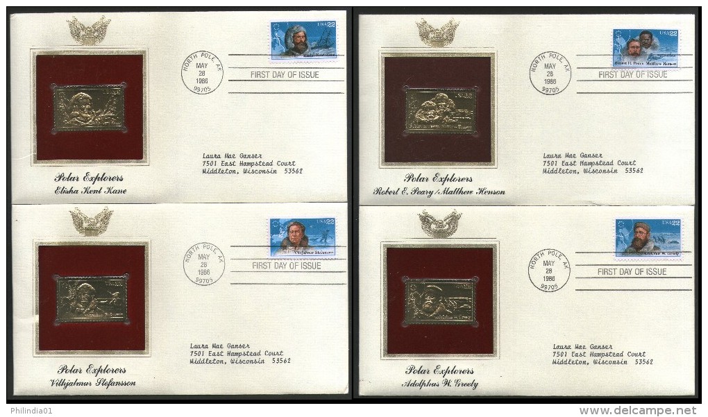 USA 1986 Antarctica Polar Explorers Famous People Set Of 4 Gold Replicas Cover Sc 2220-23 # 038 - Esploratori E Celebrità Polari