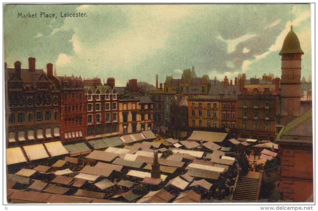 Market Place, Leicester - With All The Stalls In Place - Colour Postcard 1908 - Leicester