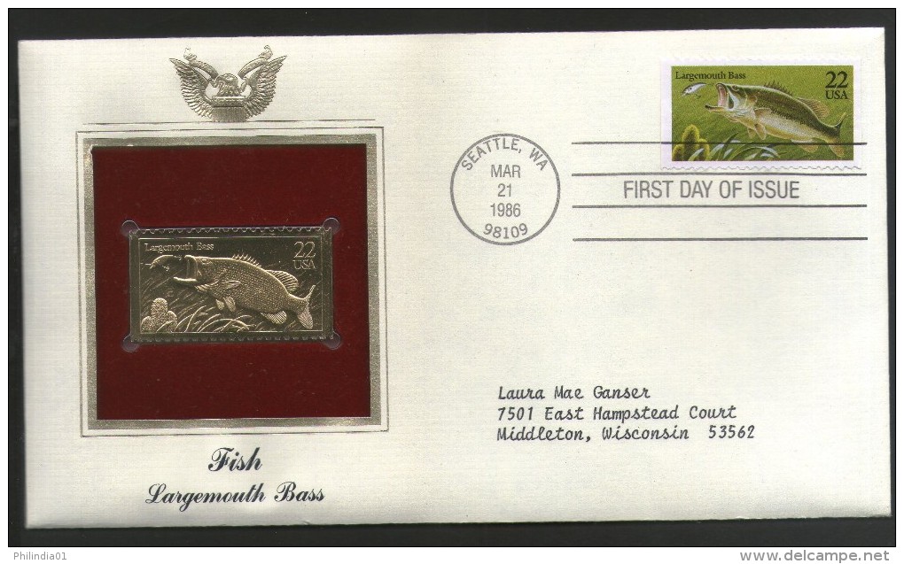 USA 1986 Fish Largemouth Bass Marine Life Animal Gold Replica Cover Sc 2207 # 063 - Marine Life