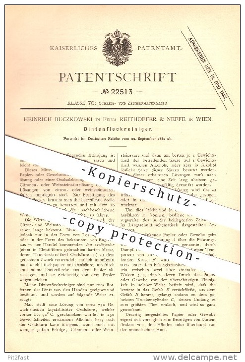 Original Patent - H. Buczkowski , Reithoffer & Neffe In Wien , 1882 , Tintenfleckreiniger , Schreibmaterialien !!! - Stempel & Siegel